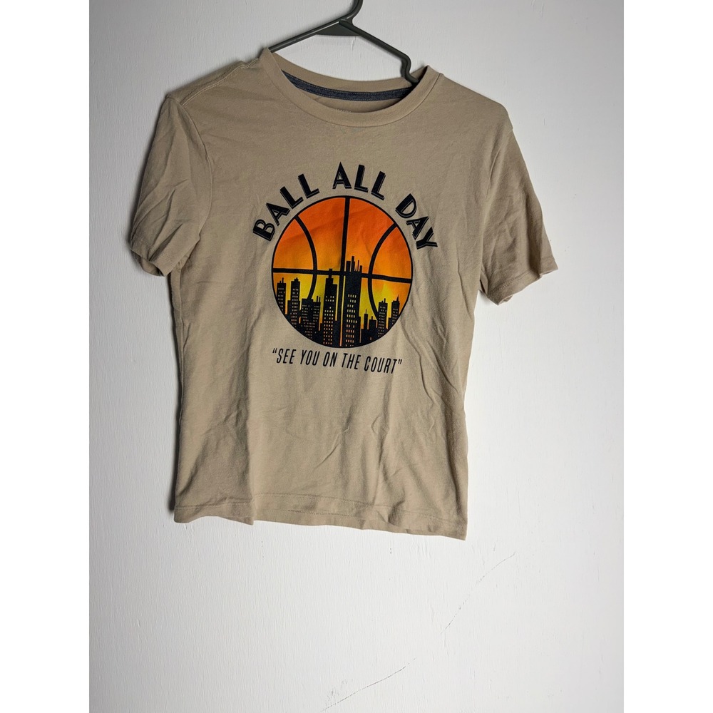 Old Navy Boys Tan Ball All Day Basketball Graphic Tee Shirt Size L 10-12 Khaki